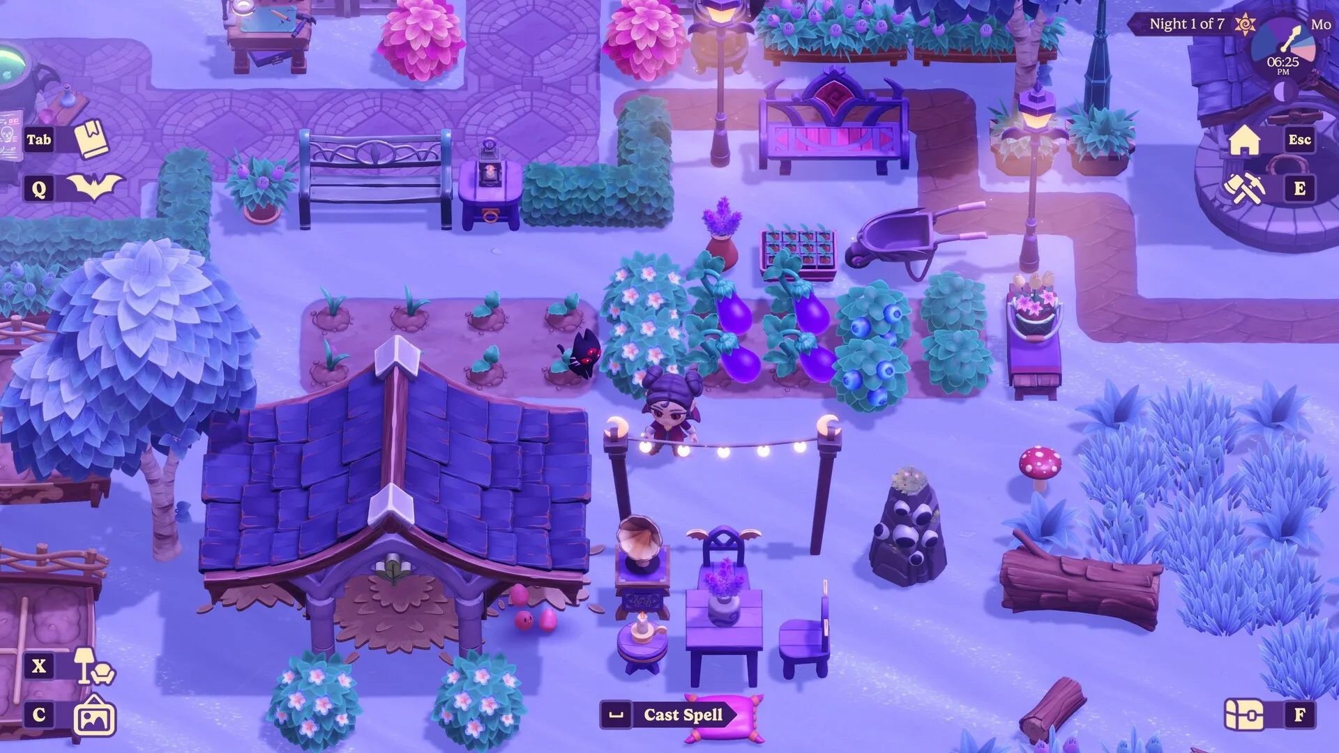 A moonlit farm with a cottage, crop beds and glowing purple trees in Moonlight Peaks