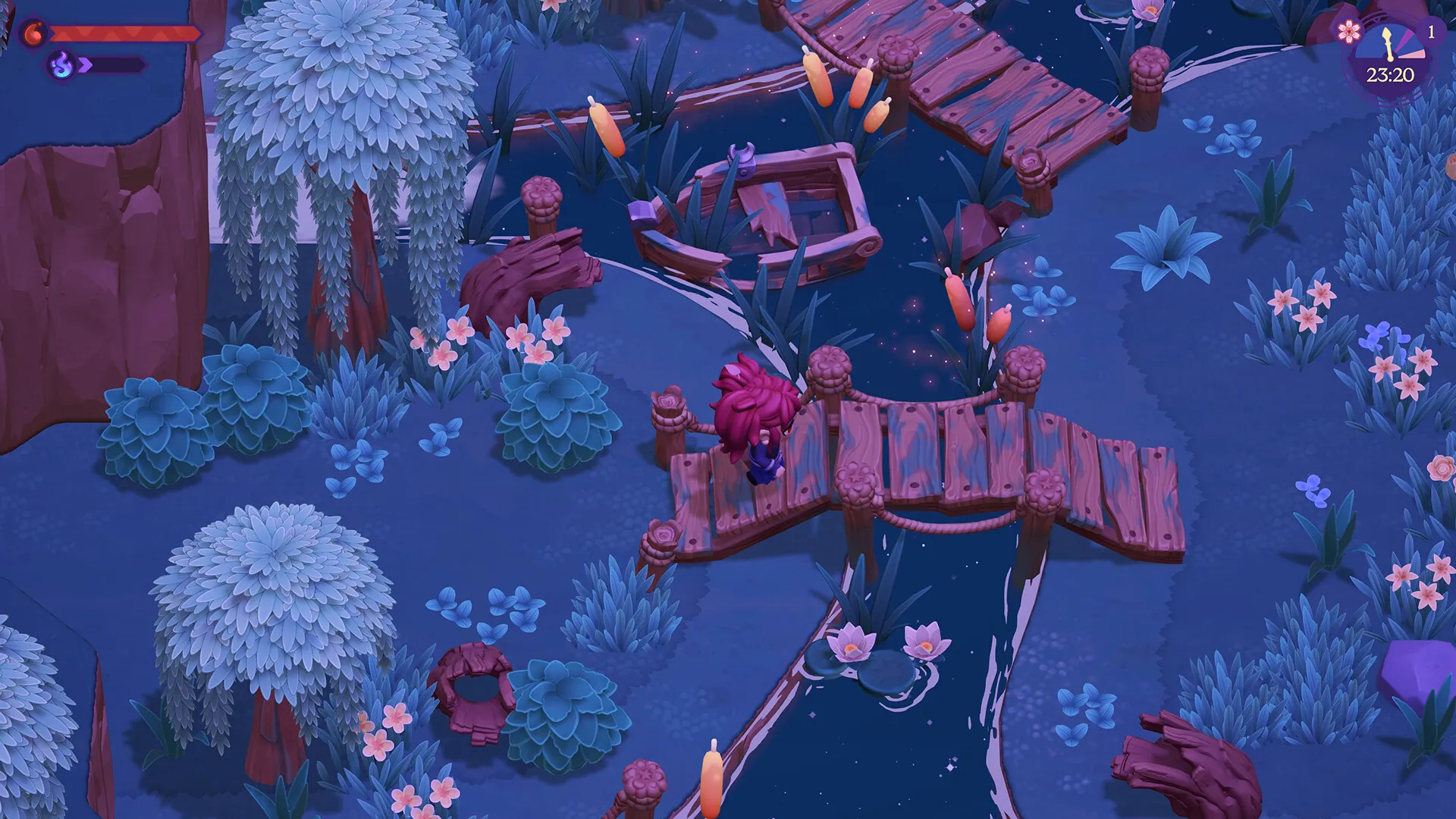 A character crossing a wooden bridge through the Moonlight Peaks wilds