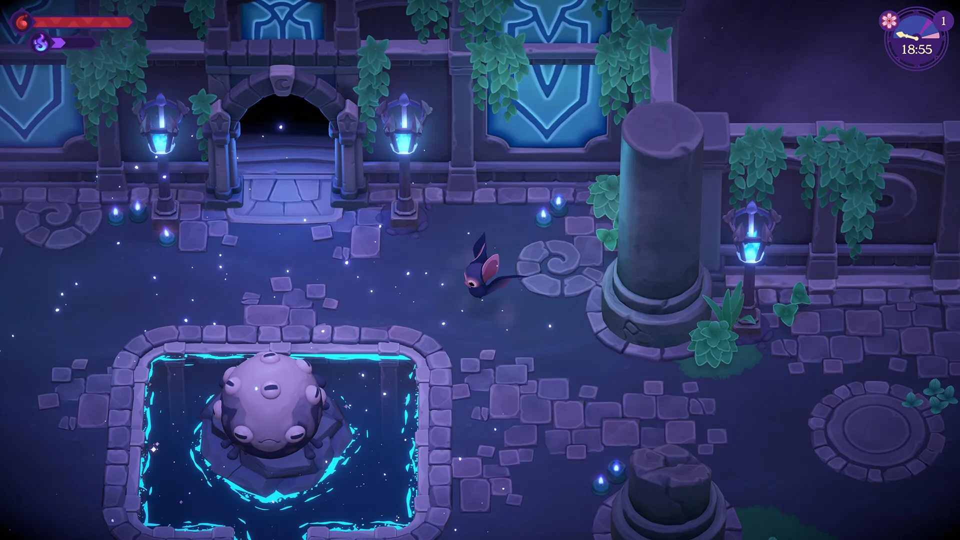 A glowing cyan fountain in a dark stone courtyard in Moonlight Peaks