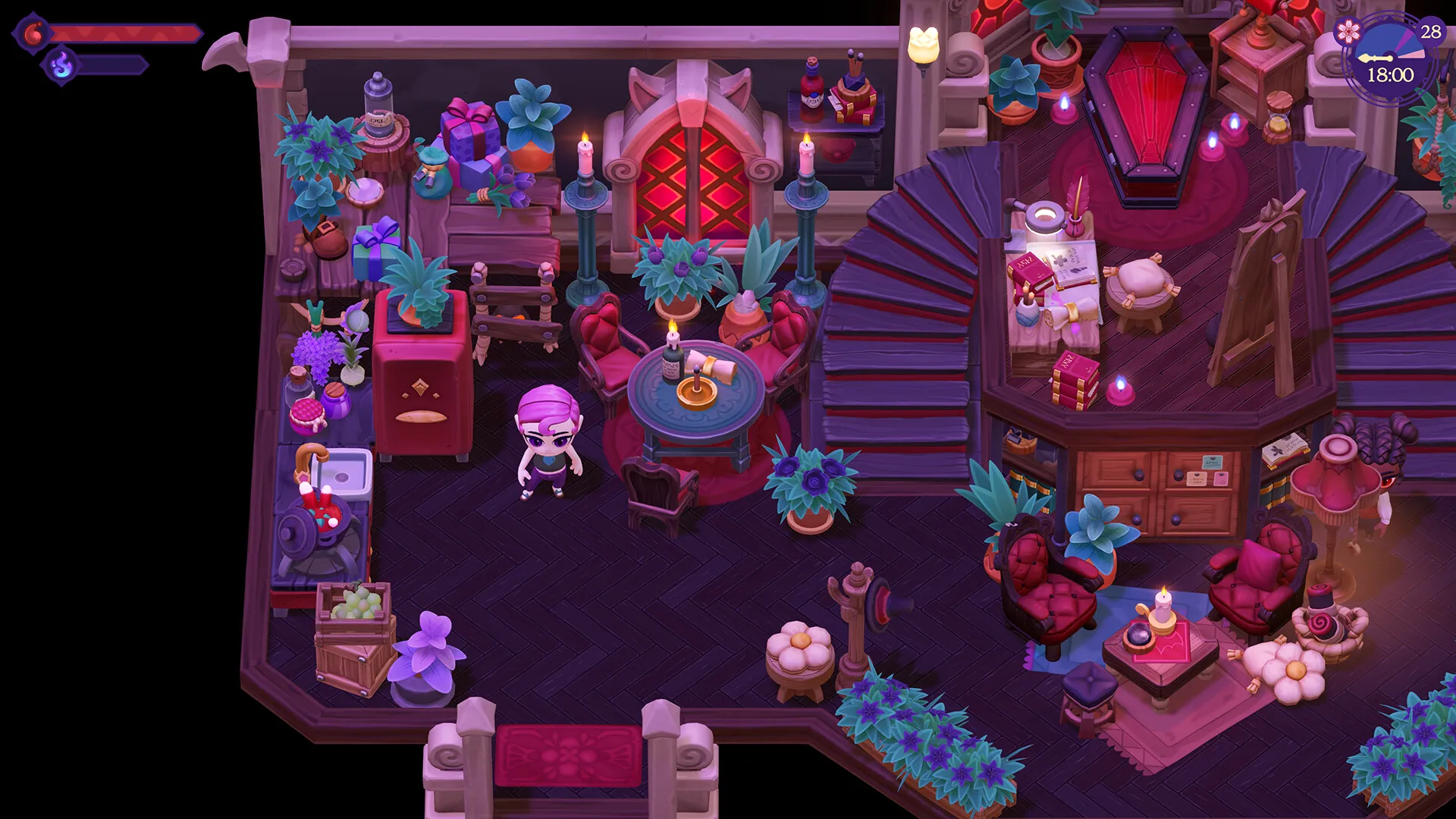 A cozy gothic living room with red sofas, candles and stairs in Moonlight Peaks