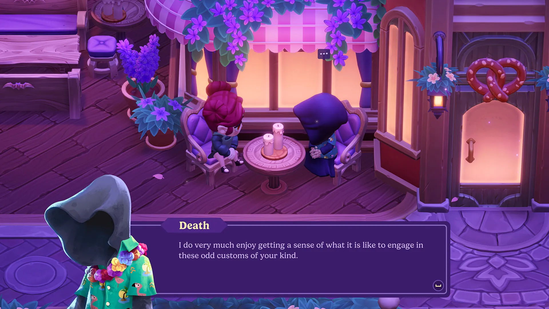 The player sharing tea with Death at a cafe table in Moonlight Peaks