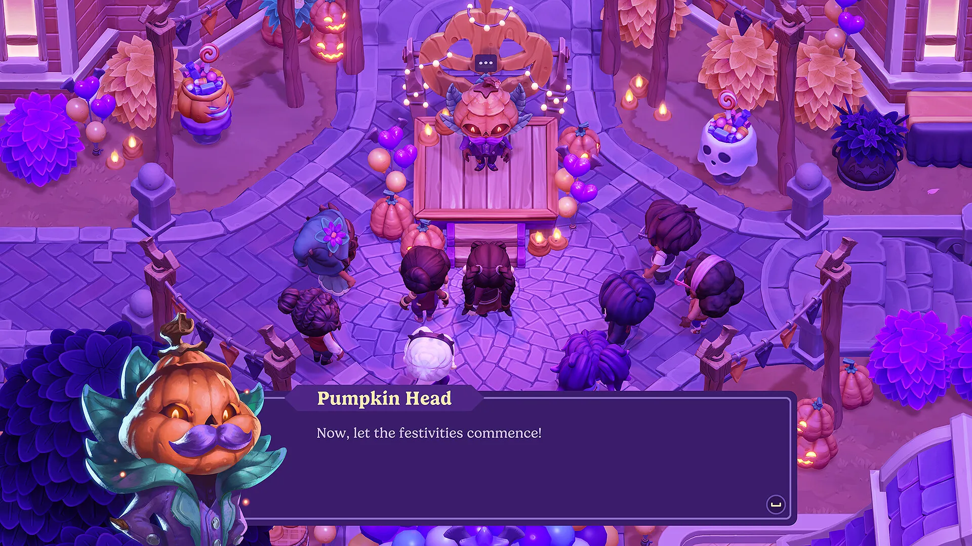 A pumpkin-headed host opening a decorated town festival