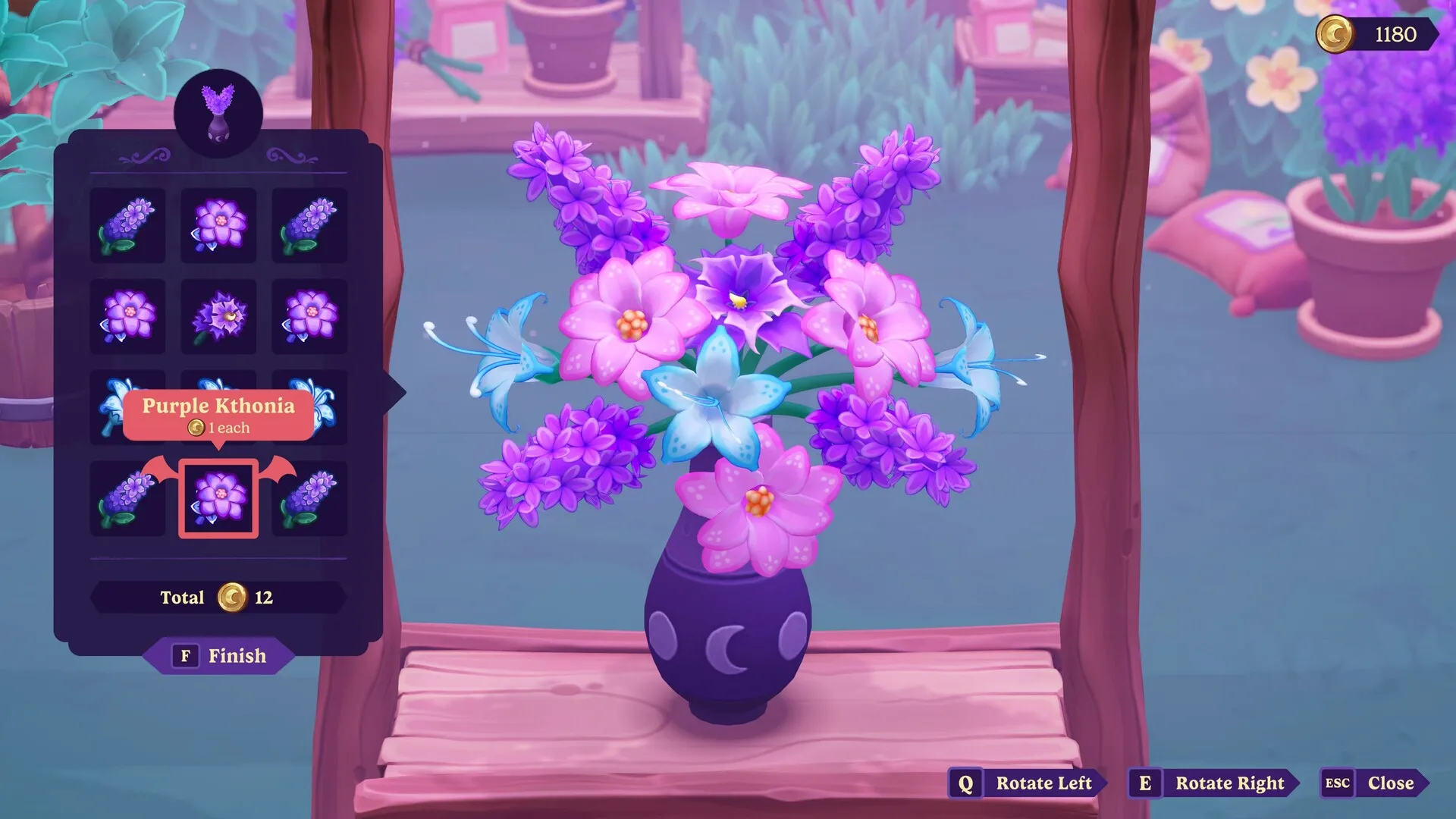 A flower arranging activity with purple and pink flowers in Moonlight Peaks